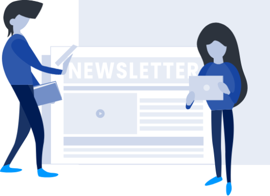 Illustration of two students holding book and laptop with newsletter in background